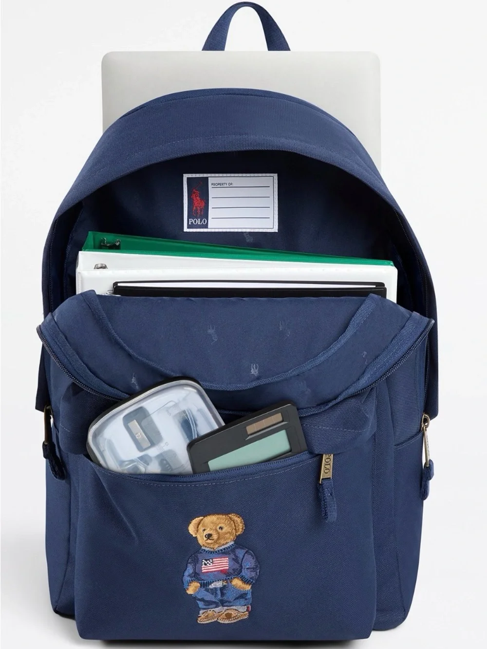 New Authentic Polo Ralph Lauren Blue Navy Bear Backpack Boys 17in Bottle Pocket